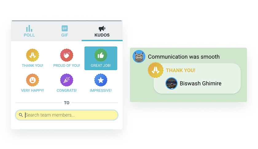 Kudos and shoutouts feature for team retrospectives highlighting peer appreciation