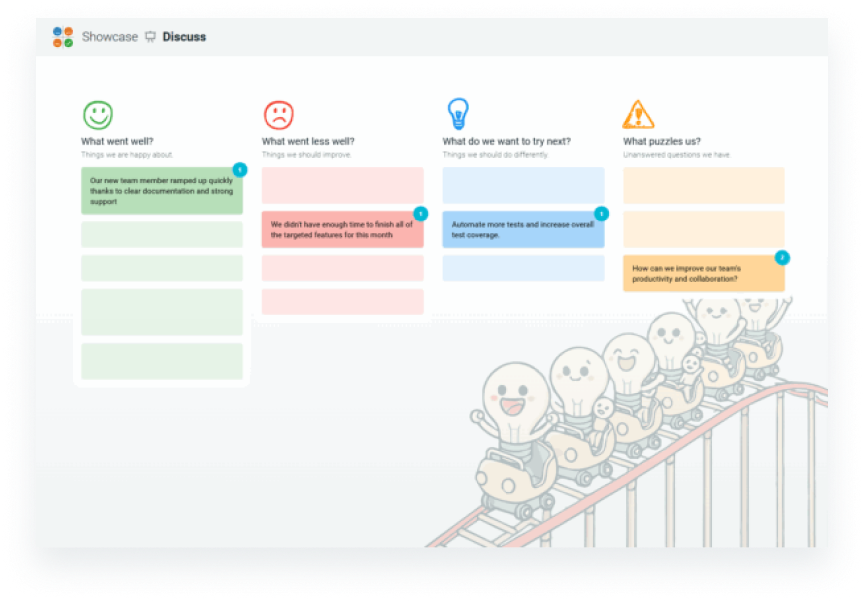 Illustration of TeamRetro screen share mode for collaborative retrospectives