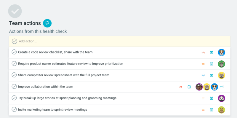 Scrum team survey dashboard highlighting team feedback and performance insights