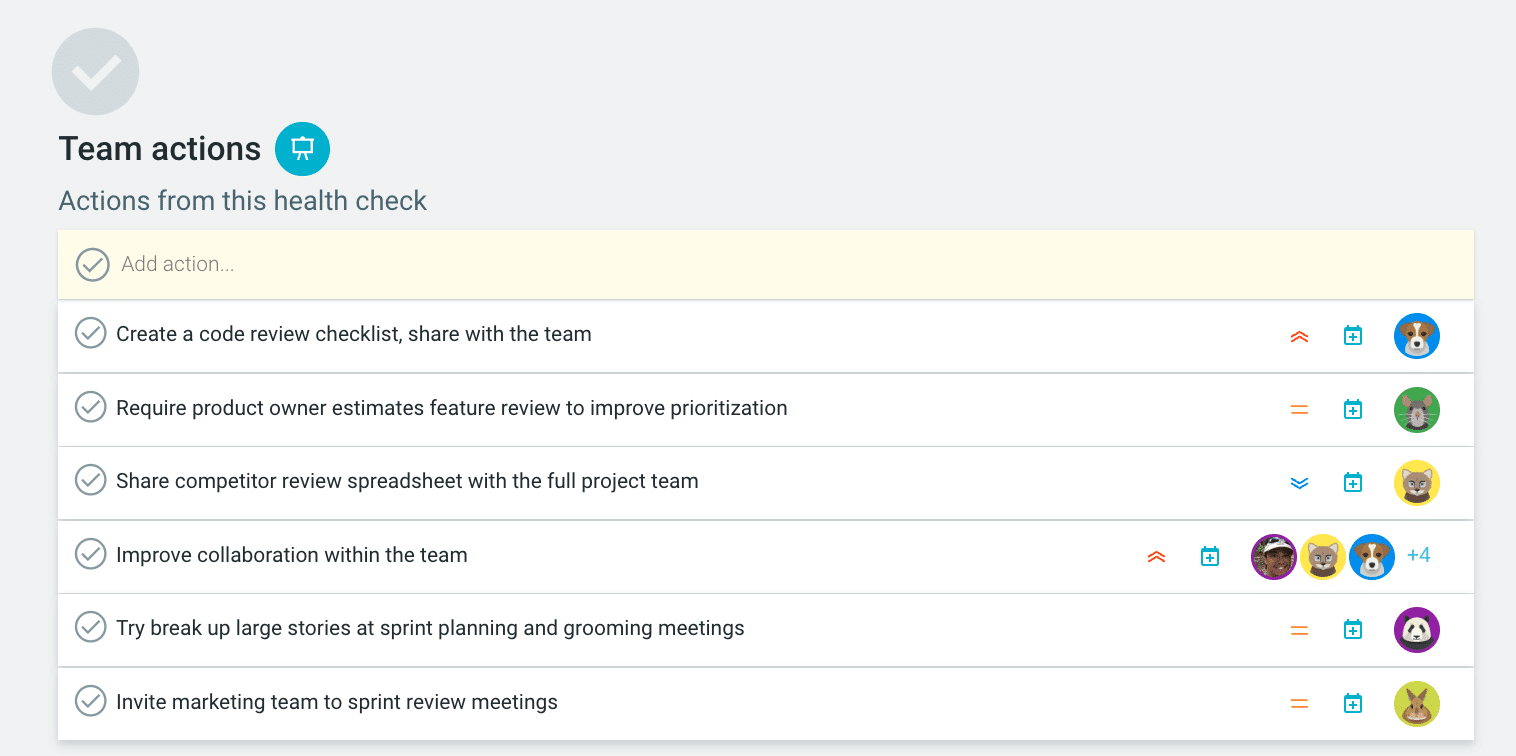 Scrum team survey dashboard highlighting team feedback and performance insights
