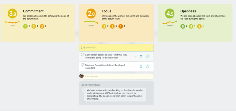 Scrum values health check in TeamRetro to track team alignment and improvement