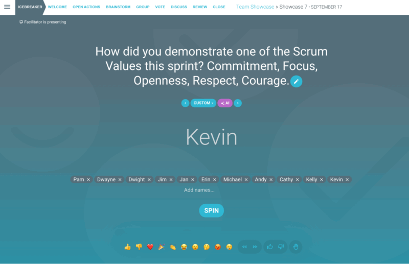 Scrum values icebreaker activity in TeamRetro fostering engagement and discussion