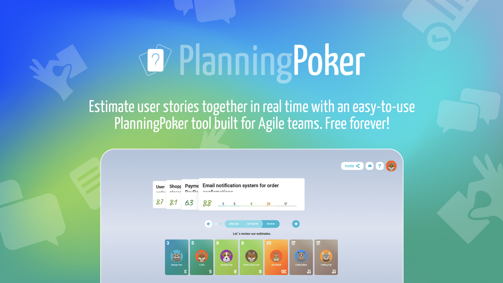 Online planning poker interface showing Scrum estimation cards