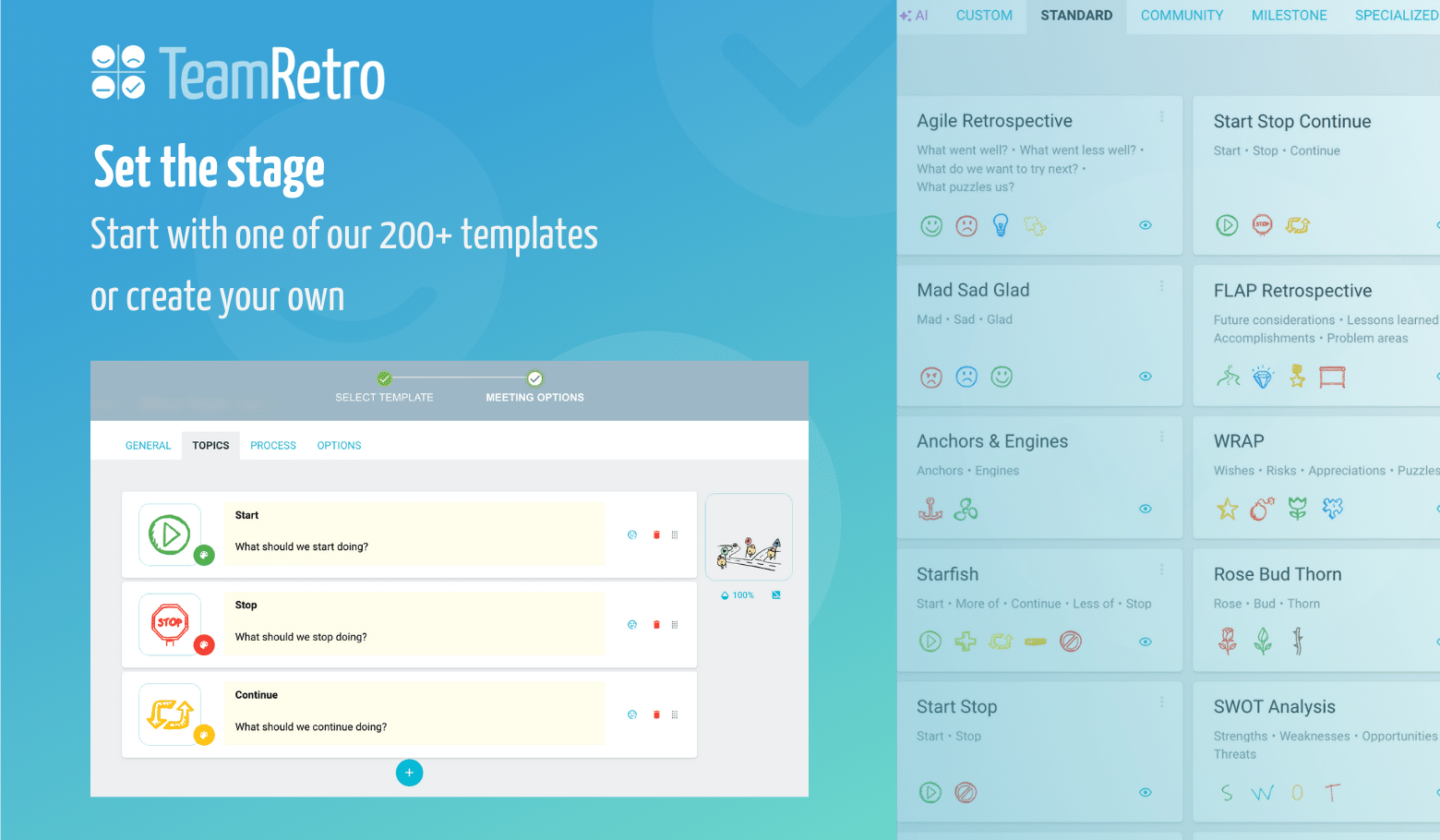 TeamRetro screen to create your own agile retrospective templates