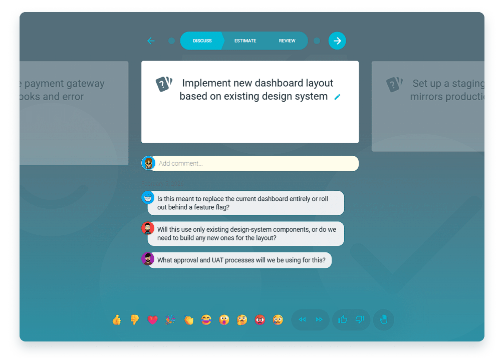 TeamRetro Agile Poker screen to discuss estimation items