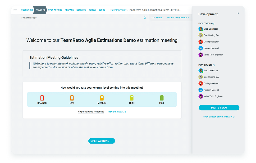 TeamRetro invite screen for a collaborative Estimation Poker session