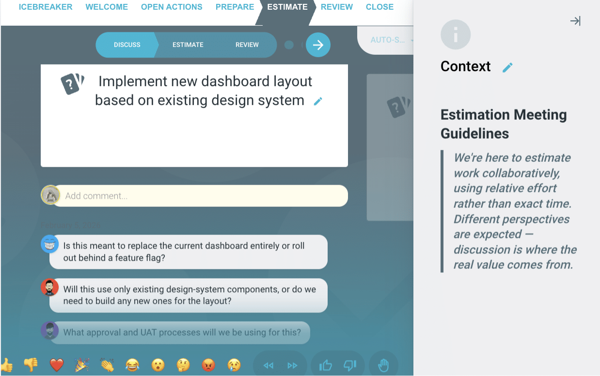 TeamRetro sprint estimation meeting showing item discussion