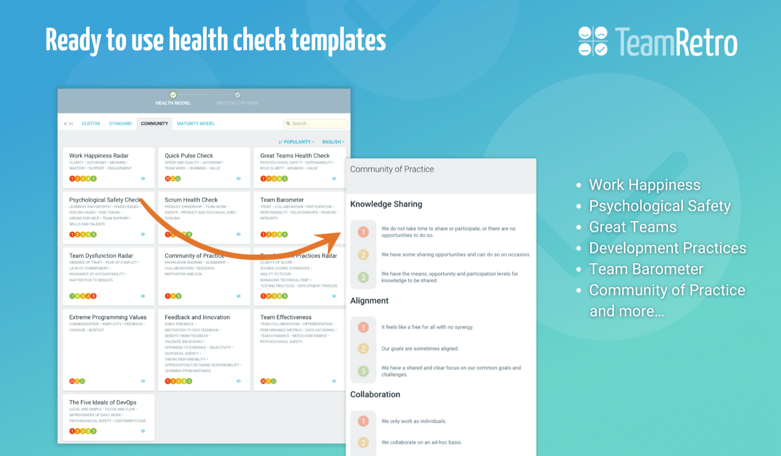TeamRetro gallery of ready-to-use agile team health check templates
