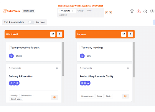 TeamRetro online retrospective board and demo view TeamRetro demo showing agile retrospective board with team cards