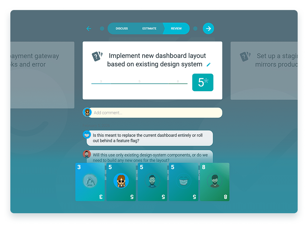TeamRetro Agile Poker screen revealing team story estimates
