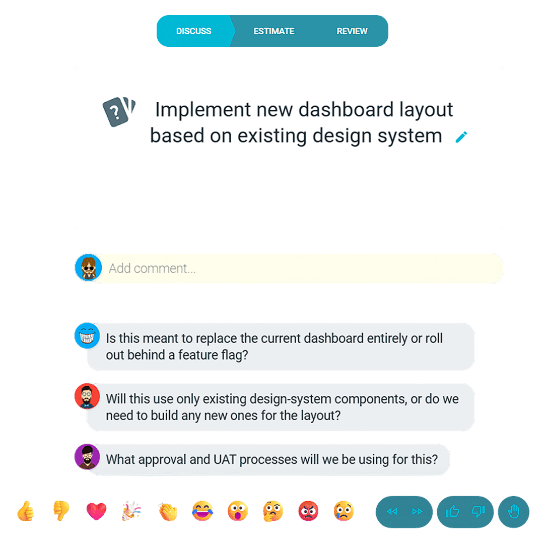 TeamRetro agile estimation discussion board comparing story points