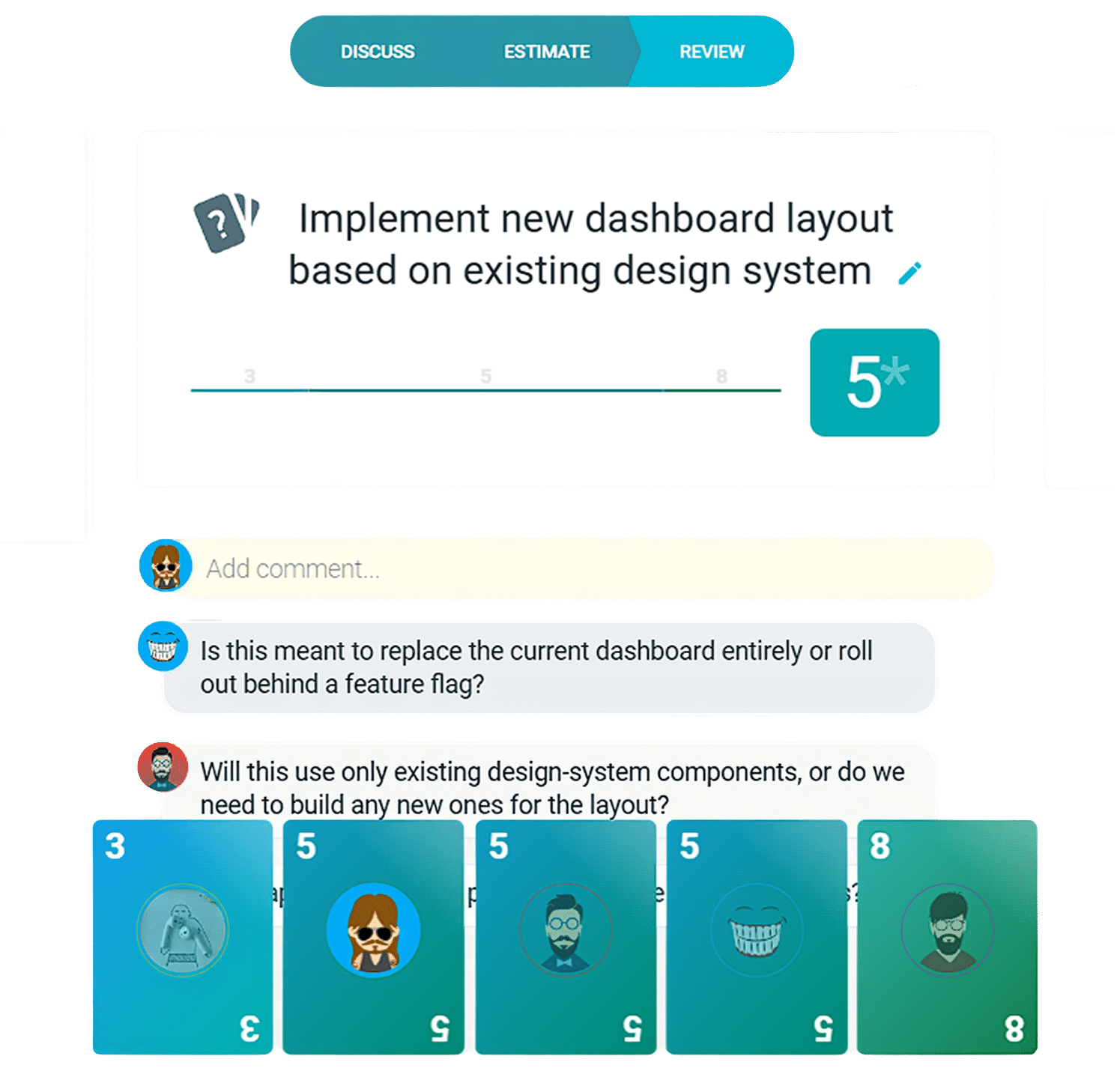 Review team estimation results in TeamRetro’s agile planning view